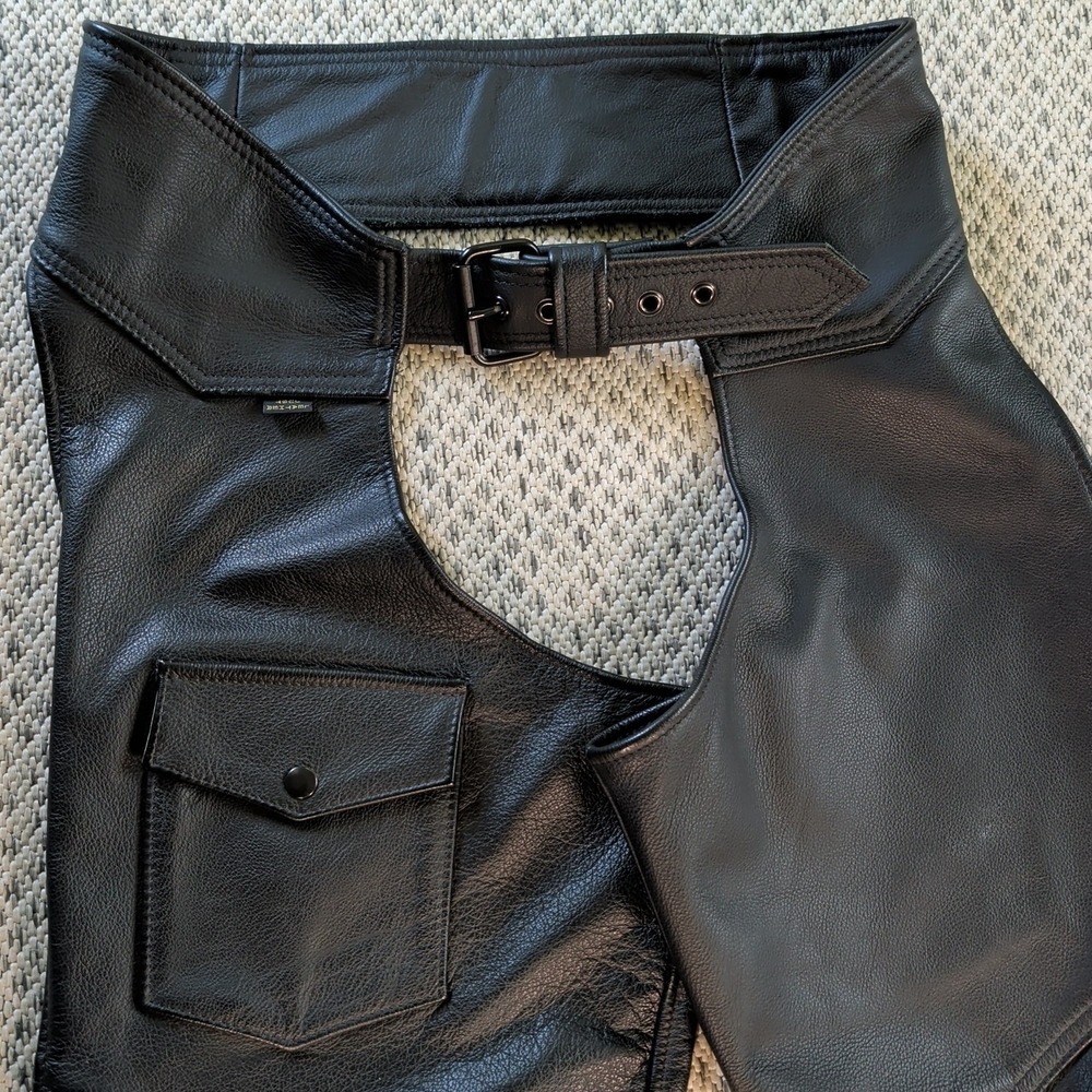 Vtg 90s JUST LEATHER Black Motorcycle CHAPS Handmade USA Mens Large 36-40x35 EUC - Picture 13 of 16